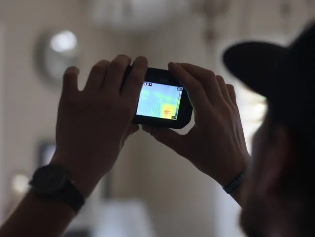 Person using a thermal imaging camera indoors to detect heat patterns on a wall.