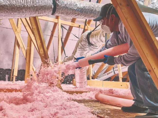 Worker installing pink fiberglass insulation in attic using blower hose and protective mask and gloves