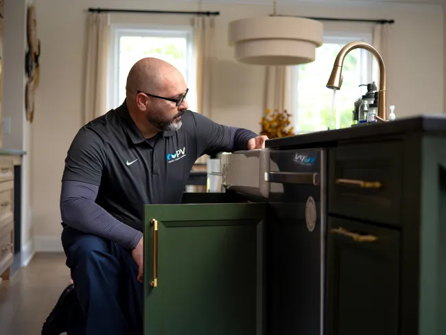 Technician inspecting plumbing under kitchen sink with green cabinets and gold handles in a modern home.