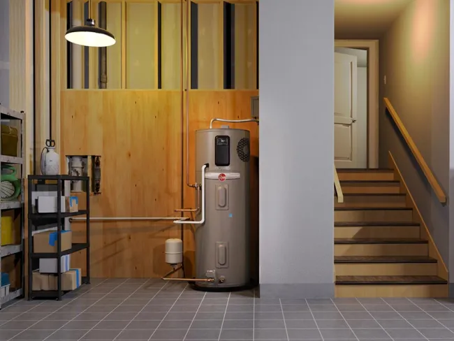 a room with shelves and a refrigerator