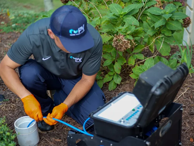 Technician in blue uniform and orange gloves working with fiber optic cables near a house garden.
