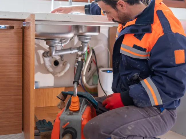 Plumber wearing protective gear using a drain cleaning machine to unclog pipes under a kitchen sink.
