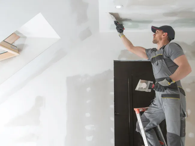 Worker in gray overalls plastering ceiling in a room under renovation using a putty knife and hawk.