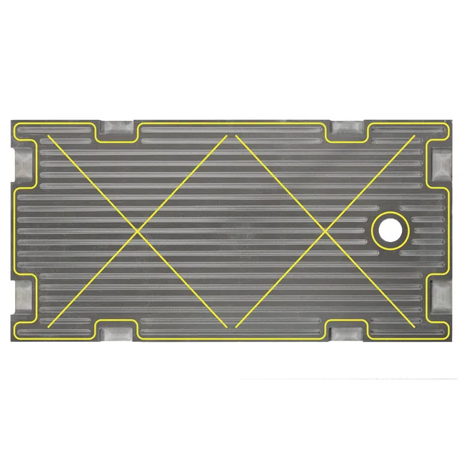 Rectangular metal plate with grooves and yellow lines forming an X and border pattern, featuring a circular hole on right.