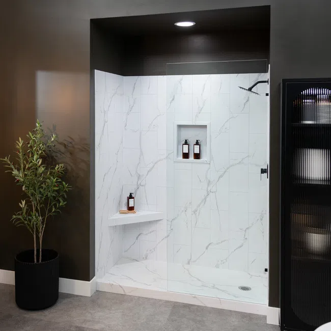 Modern bathroom with glass shower enclosure, marble tiles, wooden vanity, and black cabinet with plants.