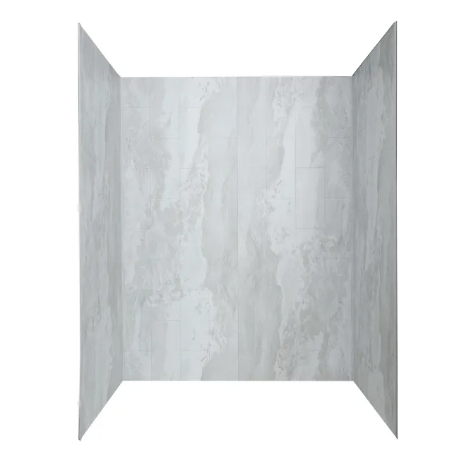Three gray marble tile walls forming a corner with subtle veining and smooth surface texture.