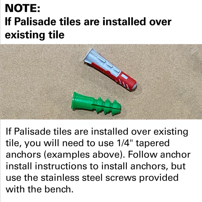 Two tapered plastic anchors, one red and white, one green, used for installing Palisade tiles over existing tile.