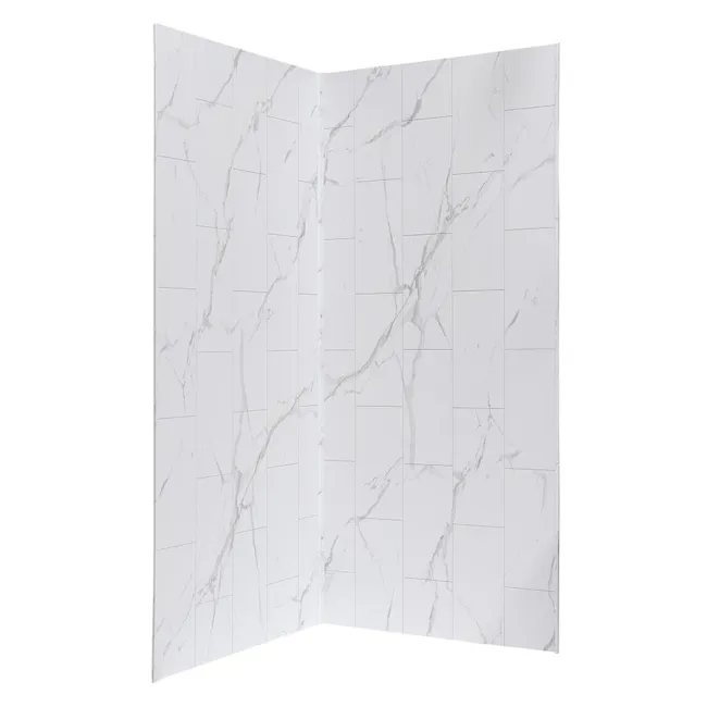 White marble pattern wall panels arranged in a corner with gray veining and rectangular tile design.