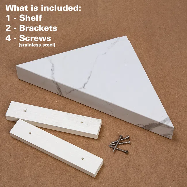 Triangle marble shelf with two white brackets and four stainless steel screws on brown background.