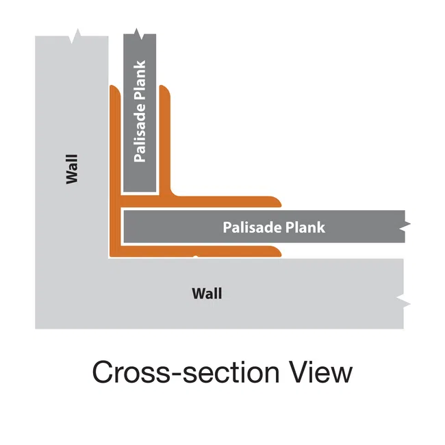 Cross-section view showing wall and palisade plank junction with highlighted joint connections in orange.