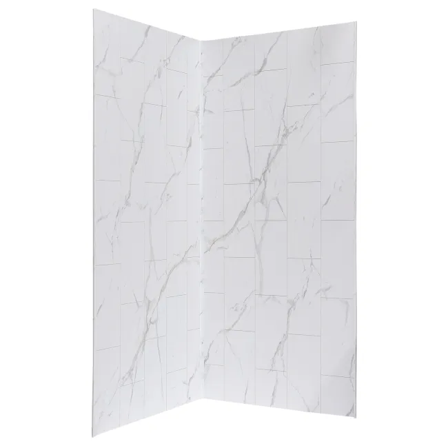 Folded white marble-patterned tiles with gray veining on two panels against a white background.