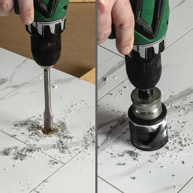 Two images showing close-up of cordless drill with large drill bits cutting holes in white tile surface with metal shavings.