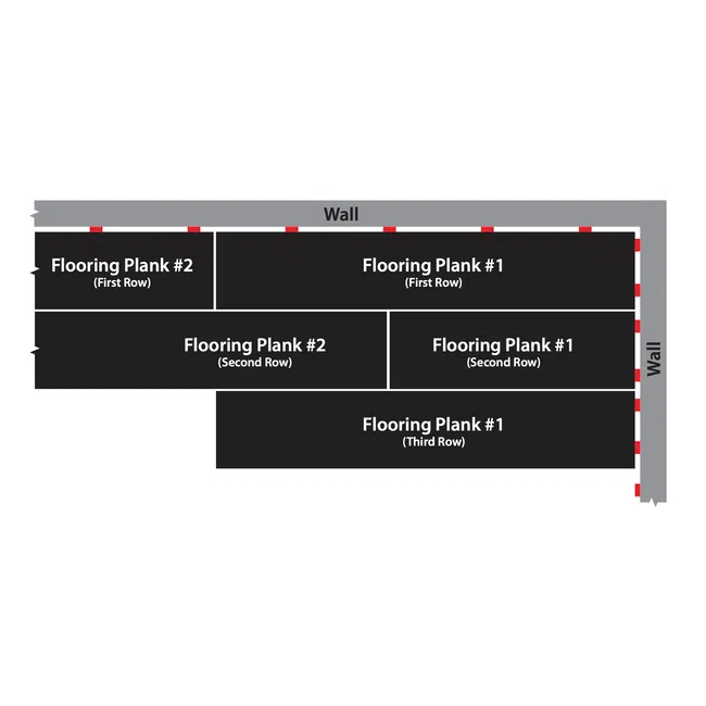 Diagram showing staggered layout of flooring planks in three rows along two walls for installation.