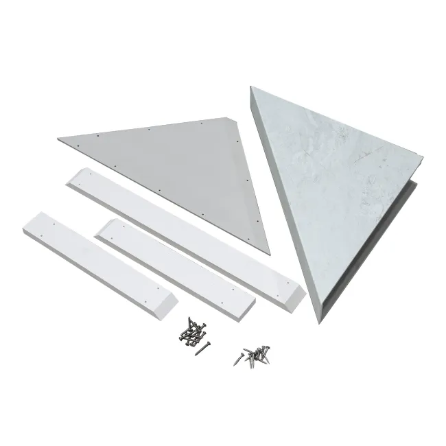 Assembly components including triangular panels, white beams, and screws laid out on white background.