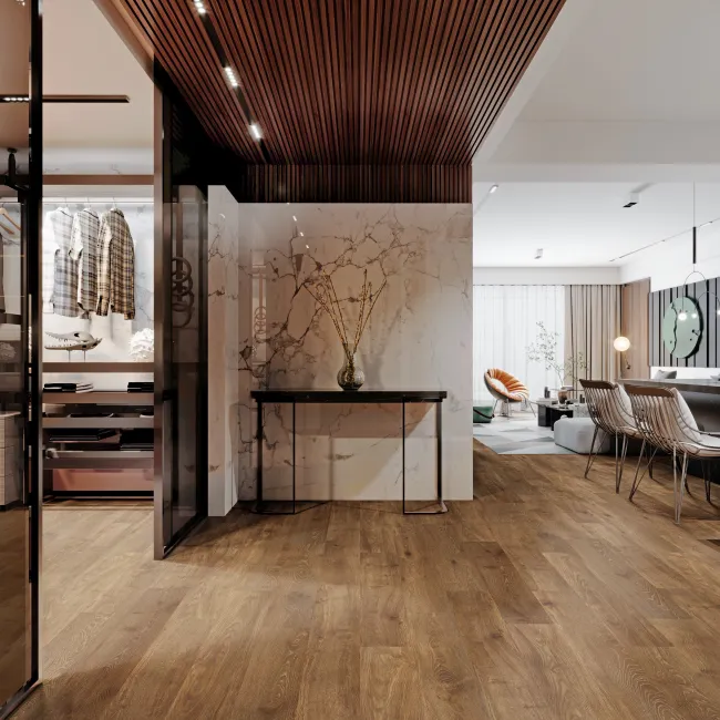 Modern open-concept living space with wooden flooring, marble walls, and stylish furniture under a wooden slat ceiling.