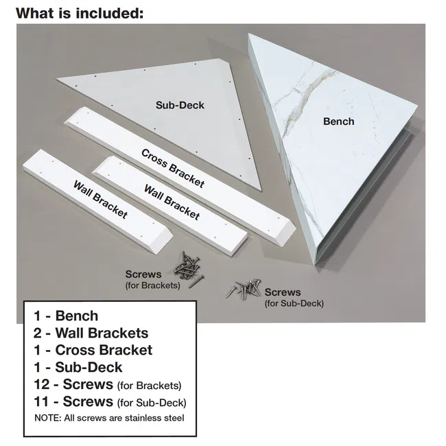 Labeled components including bench, sub-deck, wall brackets, cross bracket, and screws laid out on a surface.
