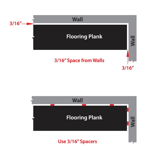 Diagram showing 3/16 inch space and spacers between flooring plank and walls for proper installation.