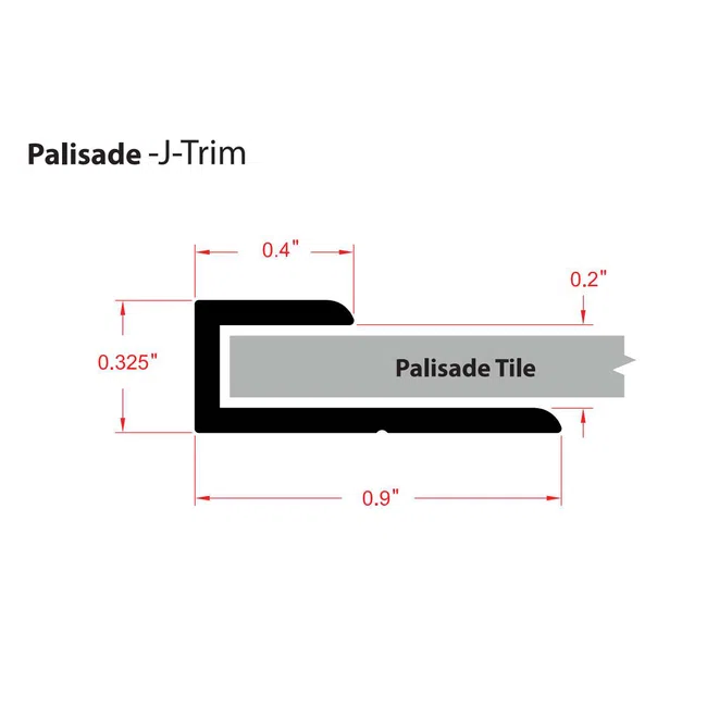 Diagram of Palisade J-Trim with measurements fitting Palisade Tile, showing trim dimensions in inches.