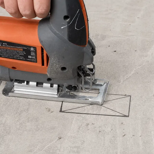 Close-up of a hand holding an orange electric jigsaw cutting a rectangular hole in a concrete surface.