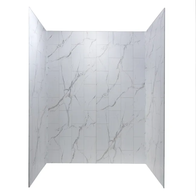 White marble wall tiles with gray veining arranged in a staggered pattern on three sides of room.