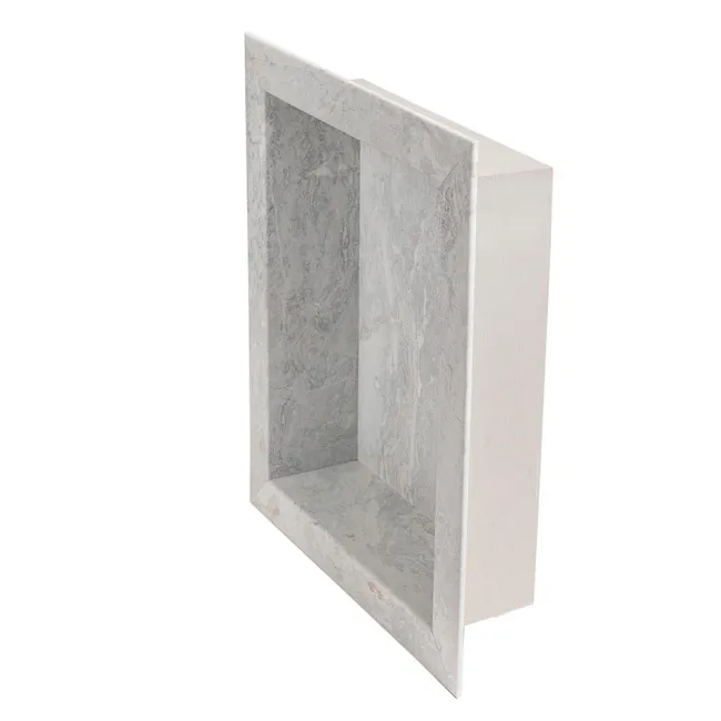 Rectangular recessed shower niche with marble-look finish and white outer frame for built-in bathroom storage