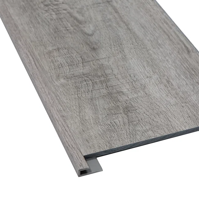 Gray wood-look vinyl flooring plank with interlocking edge for easy installation.