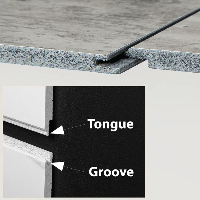 Close-up of tongue and groove edges on panels showing how they interlock for secure fitting.