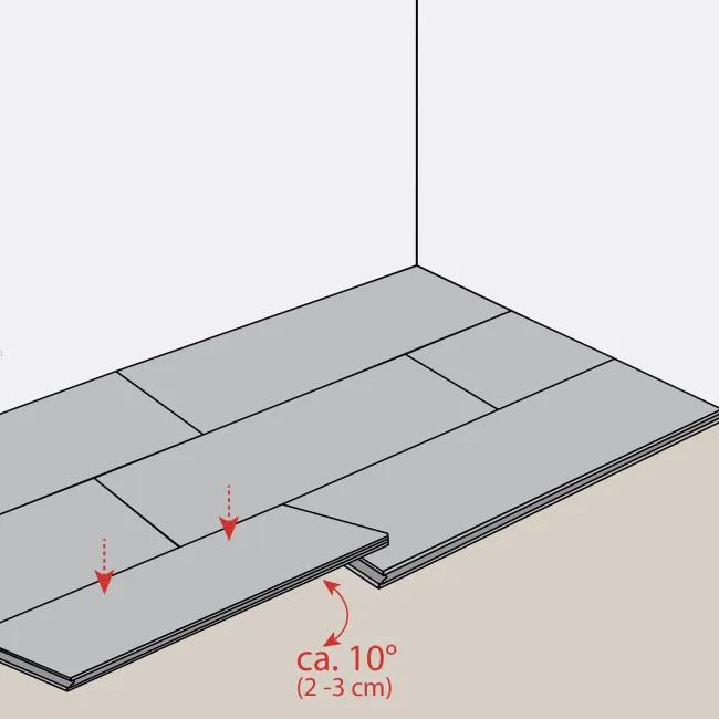 Diagram showing installation of interlocking floorboards with 10-degree angle and 2-3 cm gap adjustments.