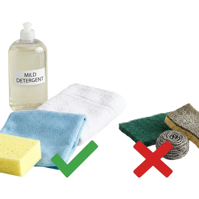 Cleaning supplies with mild detergent, soft cloths, and sponge marked correct; abrasive scrubbers marked incorrect.