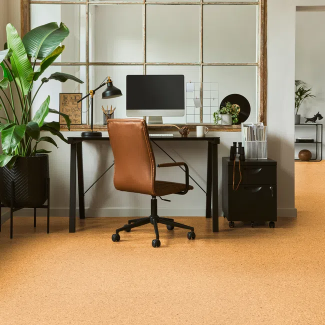 Modern home office with brown leather chair, black desk, computer, large plant, and natural light from window.