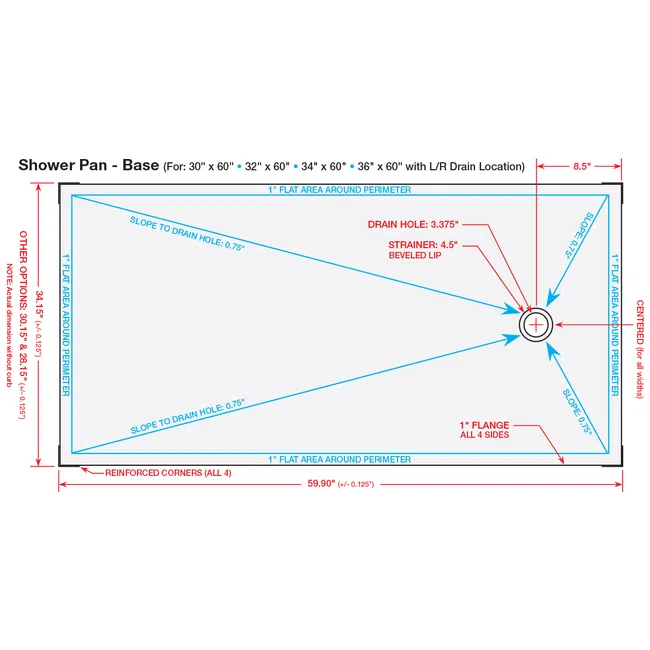 Technical diagram of shower pan base with drain hole, slope details, flange, and dimensions labeled in red and blue.