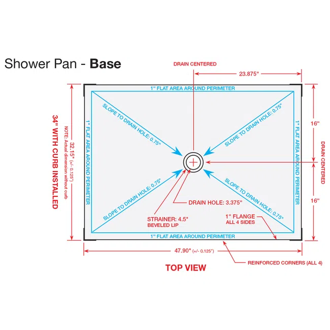Top view technical drawing of a rectangular shower pan base with detailed dimensions and slopes to drain hole.