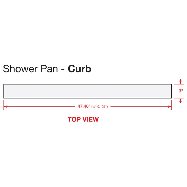 Top view of a shower pan curb measuring 47.40 inches long and 3 inches high with labeled dimensions.