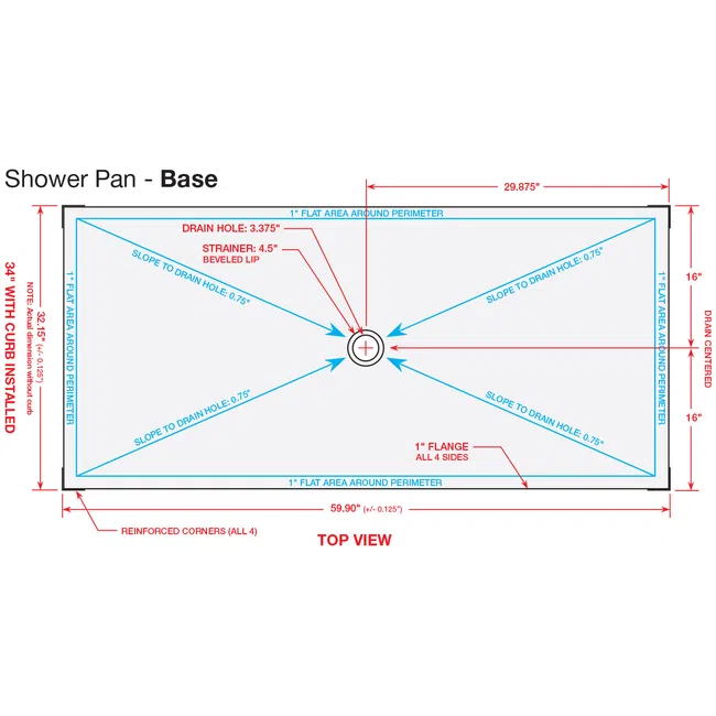 Top view diagram of shower pan base with dimensions, drain hole, slope directions, and flange details.