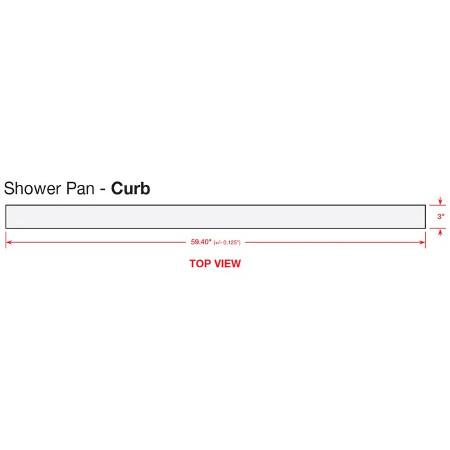 Top view of a shower pan curb measuring 59.4 inches long and 3 inches high with dimensions marked.