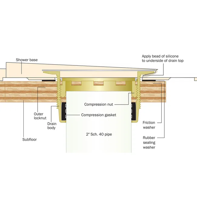 Cross-section diagram of a shower drain assembly showing parts like drain body, compression gasket, and washers.