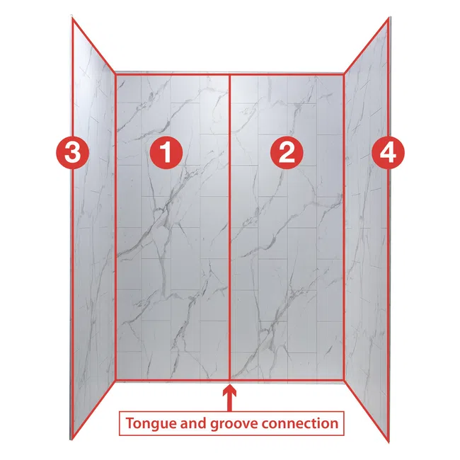 Diagram showing four marble wall panels numbered 1 to 4 with tongue and groove connection between panels 1 and 2.