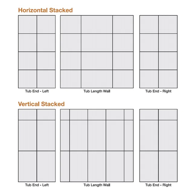 Diagram showing horizontal and vertical stacked tile layouts with labeled tub end left, tub length wall, and tub end right sections.