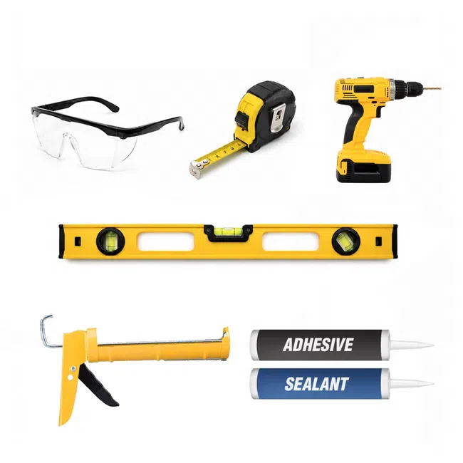 Set of construction tools including safety glasses, tape measure, drill, spirit level, caulking gun, adhesive and sealant tubes.