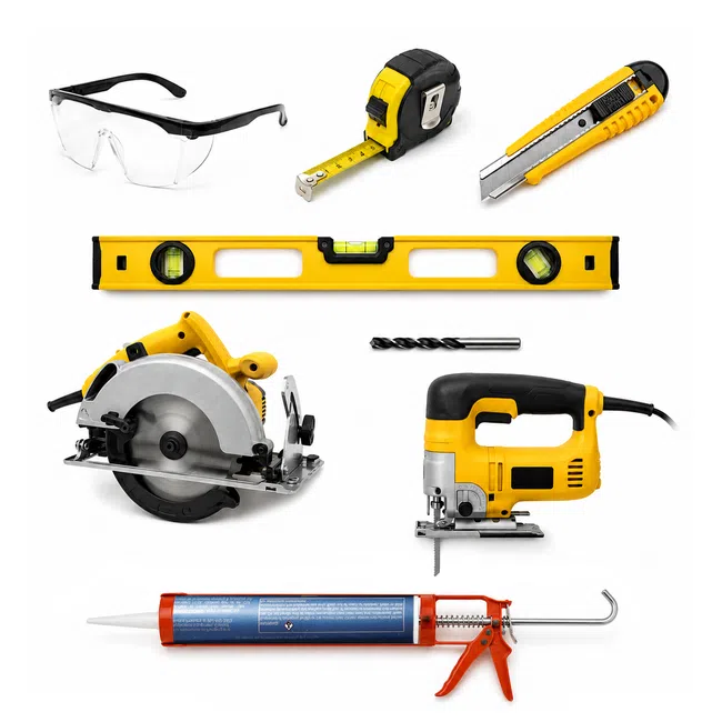 Set of construction tools including safety glasses, tape measure, cutter, level, saws, drill bit, and caulking gun on white.