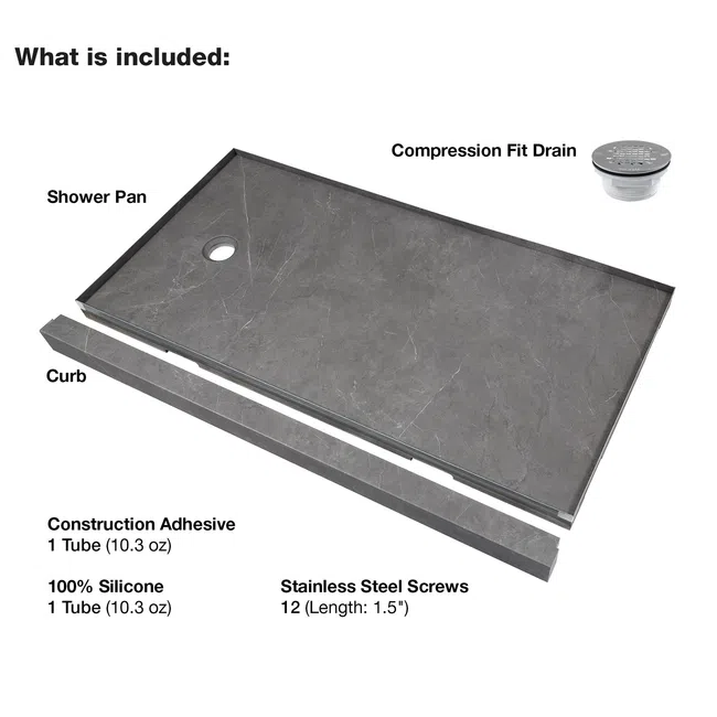 Shower pan kit components including shower pan, curb, compression fit drain, adhesive tubes, and steel screws.