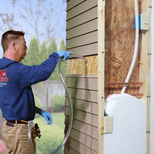 a man holding a hose to a door