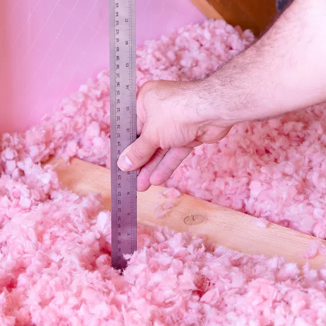 Person measuring depth of pink fiberglass insulation in attic with metal ruler for energy efficiency.