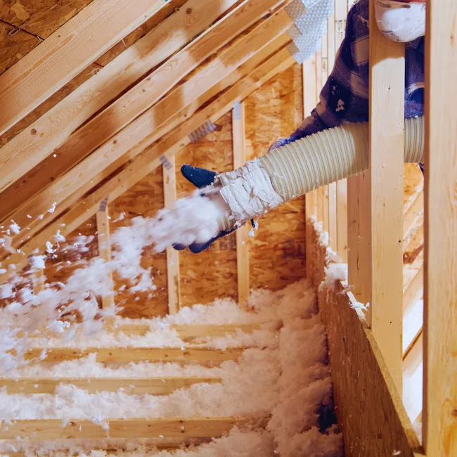 Worker blows loose insulation into an attic space during home insulation installation process.