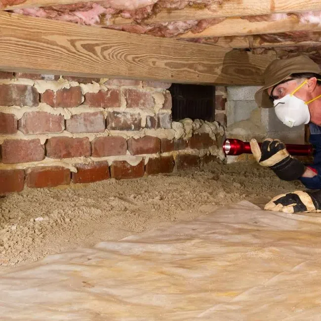 Worker in protective mask inspecting brick foundation crawl space with flashlight under house