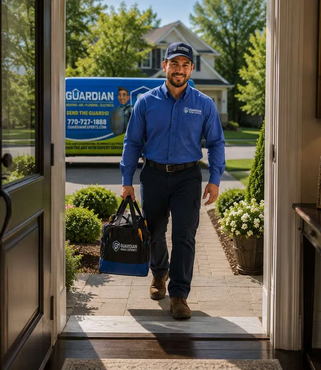 Technician in blue uniform walking into home carrying a service bag with Guardian Experts van in the background.
