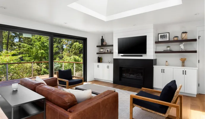 a living room with a fireplace