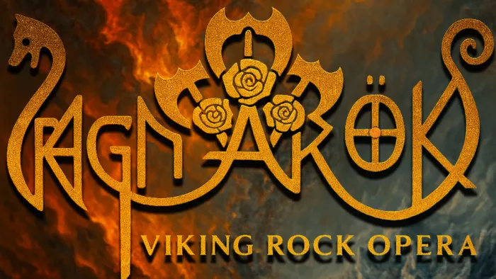 Ragnarok Viking Rock Opera logo with intricate golden lettering and fiery stormy background.