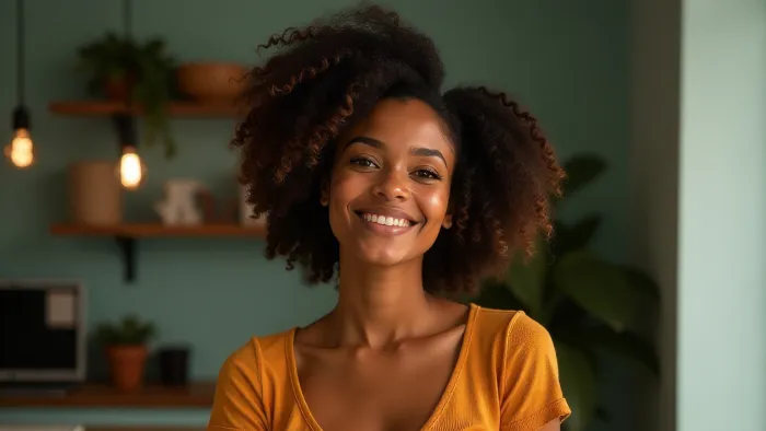 Smiling woman with curly hair in an orange top posing in a modern room with shelf and plants in soft lighting.