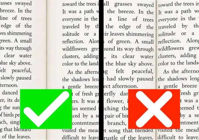 Comparison of Correct vs Incorrect settings for the inner margins of a perfect bound book.